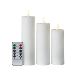 Bloklys m/3D flamme incl. fjernbetjening i hvid 3 stk.- Ø5 cm -
