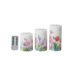 DACORE Bloklys med blomster m/3D flamme incl. fjernbetjening Ø7,5 - 