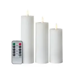 Bloklys m/3D flamme incl. fjernbetjening i hvid 3 stk.- Ø5 cm - 