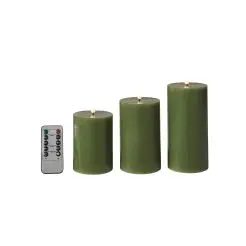 Bloklyssæt m/3D flamme incl. fjernbetjening oliven - 3 stk - 