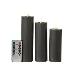 DACORE Bloklys m/3D flamme incl. fjernbetjening i koksgrå 3 stk - Ø 5 cm - 