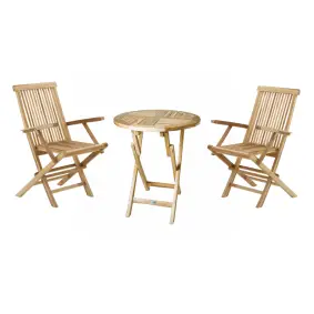 TEAK Mondena cafesæt - bord Ø66cm m/ 2 stole med armlæn - FOLDEBORDE