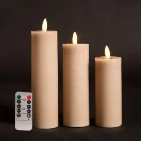 Bloklyssæt m/3D flamme Ø5 cm incl. fjernbetjening 3 stk - sand - LED LYS