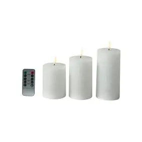 Bloklyssæt m/3D flamme incl. fjernbetjening hvid med riller - 3 stk - LED LYS