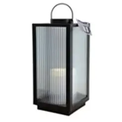 Lanterne med riflet glas og LED bloklys i sort - 28 cm - 