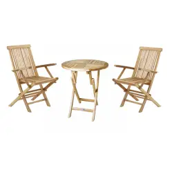 TEAK Mondena cafesæt - bord Ø66cm m/ 2 stole med armlæn -