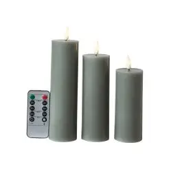 Bloklys m/3D flamme incl. fjernbetjening i mørk grøn 3 stk.- Ø 5 cm - 