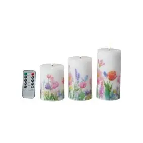 DACORE Bloklys med blomster m/3D flamme incl. fjernbetjening Ø7,5 - LED LYS