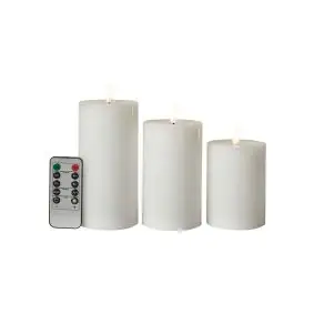 Bloklys m/3D flamme Ø7,5 cm incl. fjernbetjening i hvid - 3 stk - LED LYS