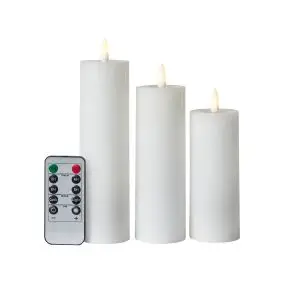 Bloklys m/3D flamme incl. fjernbetjening i hvid 3 stk.- Ø5 cm - LED LYS