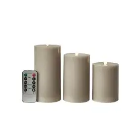 Bloklyssæt m/3D flamme Ø7,5 cm incl. fjernbetjening sand - 3 stk - LED LYS