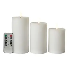 Bloklys m/3D flamme genopladelige incl. fjernbetjening i hvid 3 stk - Ø7,5cm - LED LYS