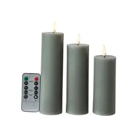 Bloklys m/3D flamme incl. fjernbetjening i mørk grøn 3 stk.- Ø 5 cm - LED LYS