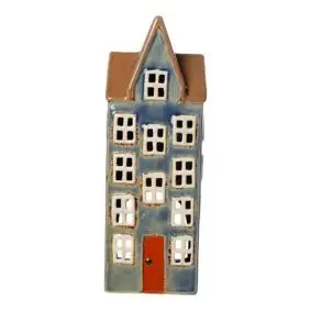 DET GAMLE APOTEK Keramikhus til fyrfadslys, høj - blå - LYSESTAGER